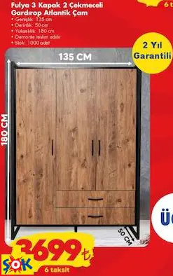FULYA 3 KAPAK 2 ÇEKMECELİ GARDIROP ATLANTİK ÇAM FULYA 3 KAPAK 2 ÇEKMECELİ GARDIROP ATLANTİK ÇAM
